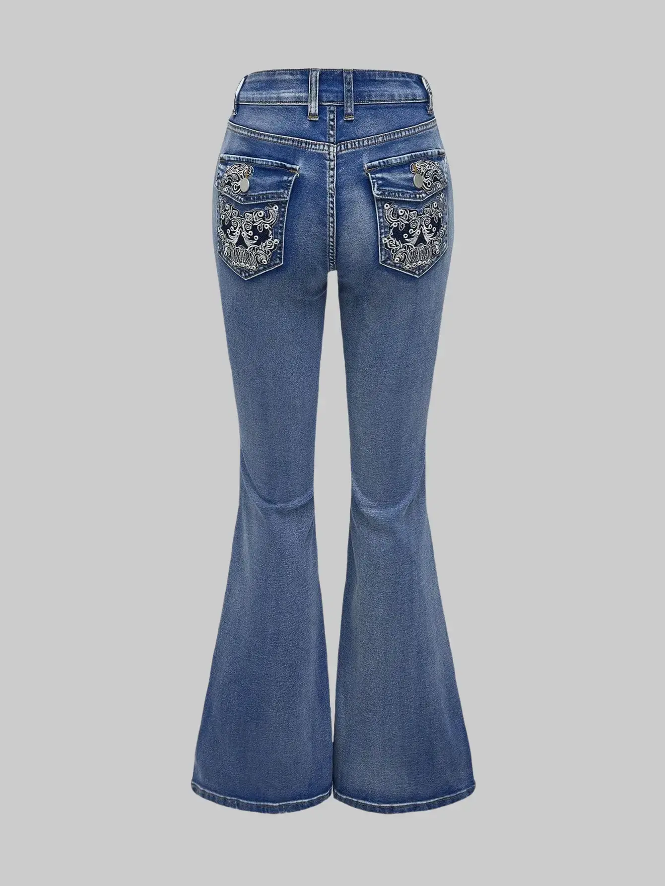 Y2K Vintage High Waist Flare Jeans with Intricate Metallic Silver 