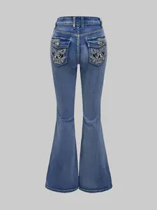 Y2K Vintage High Waist Flare Jeans with Intricate Metallic Silver Embroidery on Back Pockets, Stretch Denim Bootcut Pants for Women, Retro Western Style with Medium Wash Fading, Perfect for Festival Outfits, Night Out Looks
