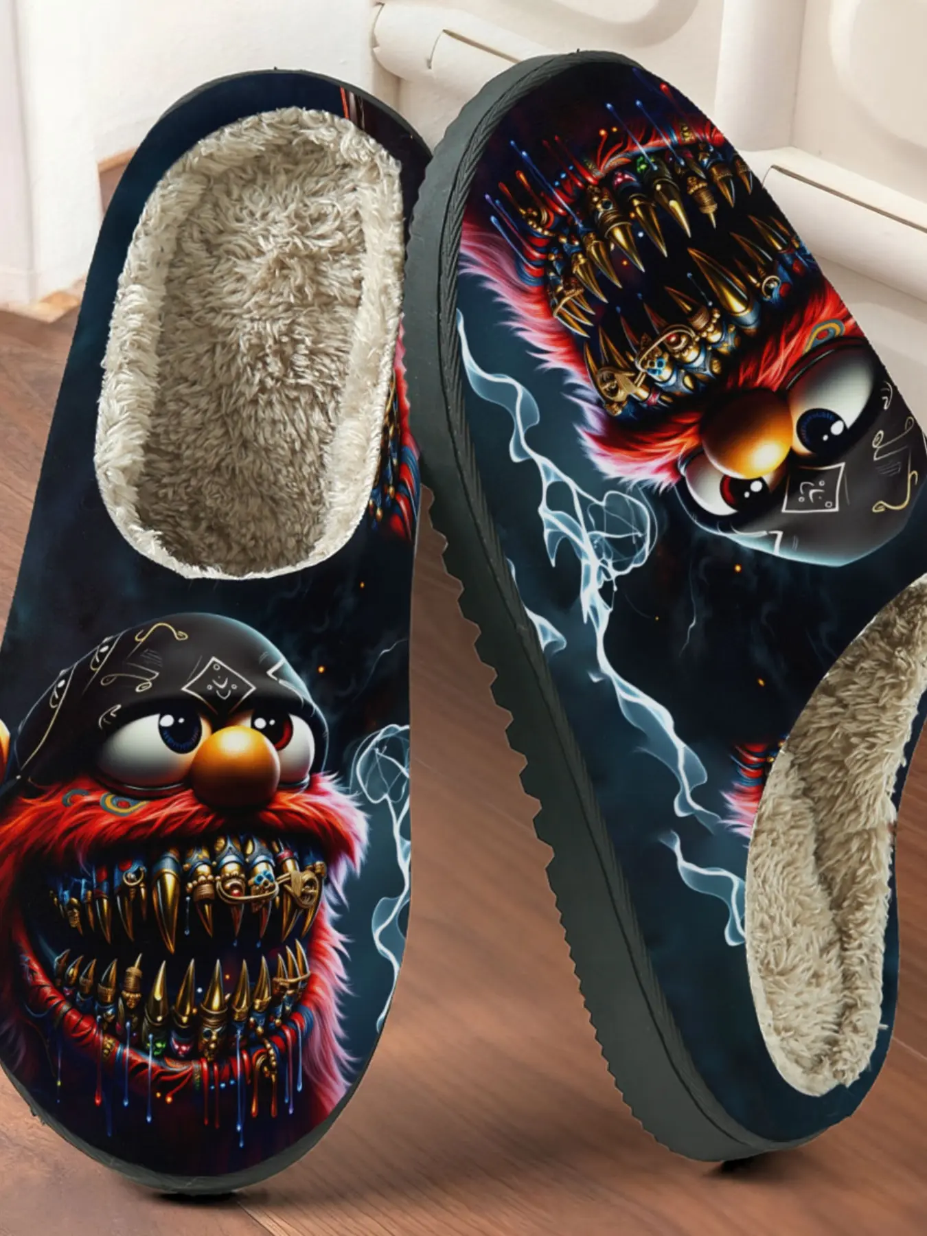 Dark Cartoon Monster Print Cotton Slippers, Anti-Slip Thick Sole, Plush Lining, Casual Home Shoes for Fall & Winter