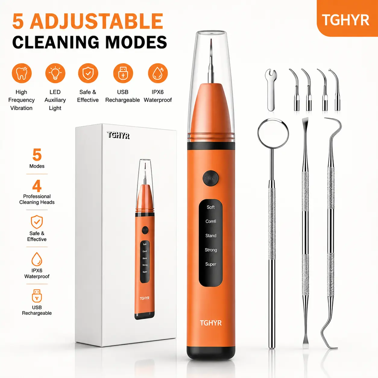 TGHYR Ultrasonic Plaque Remover, Cordless Teeth Cleaning Machine for Tartar Removal, Oral Care Kit with 5 Modes, LED Light & Dental Tools