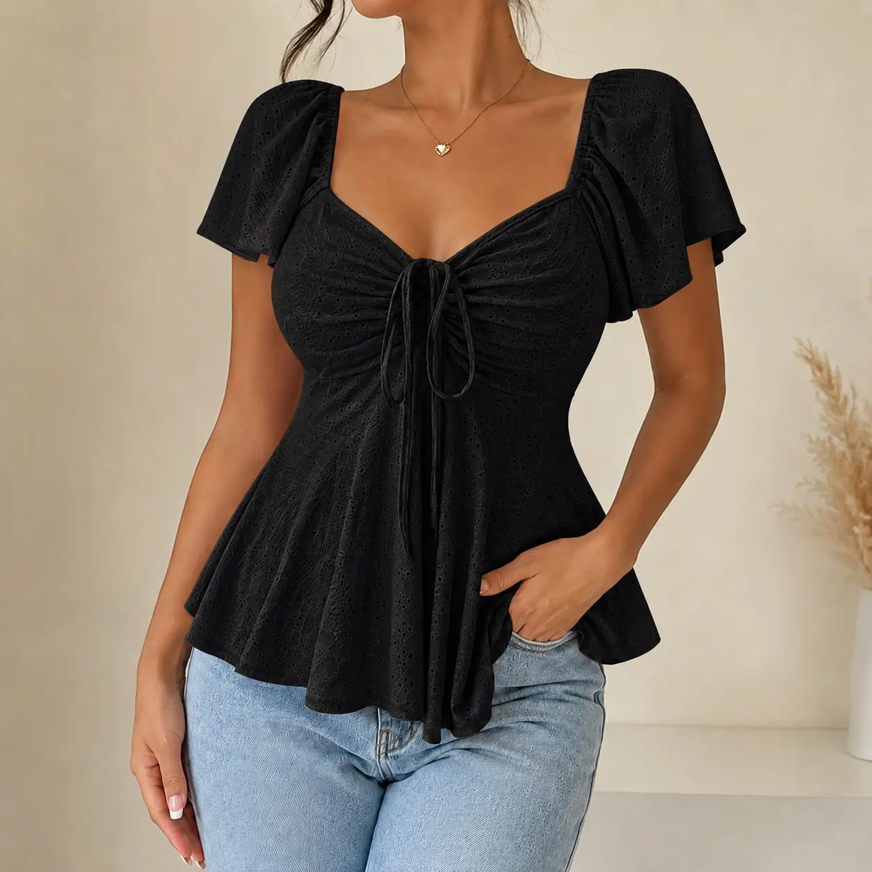 Fashionable and Elegant Spring/Summer New Arrival Y2K Solid Color Jacquard Comfortable and Breathable V-Neck Drawstring Short Sleeve Top Women's T-Shirt