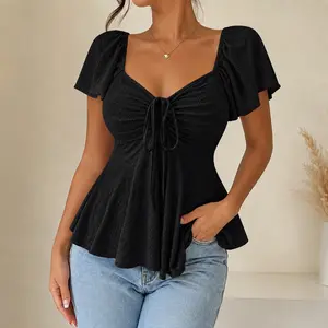 Fashionable and Elegant Spring/Summer New Arrival Y2K Solid Color Jacquard Comfortable and Breathable V-Neck Drawstring Short Sleeve Top Women's T-Shirt