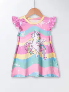 Baby Girls Summer Cartoon Print Dress, Cute Unicorn Rainbow Stripe, Sweet Short Sleeve, Loose-Fitting, Adorable Animal Design, Baby Clothes Girl