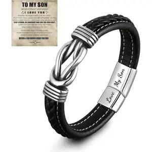 Son's Infinity Knot Bracelet, Forever Linked Together Bracelet for My Son To My Son Infinity Knot Leather Bracelet From Mom Stainless Steel Engraved Jewelry for Birthday Christmas