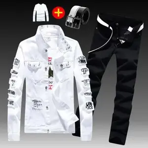 Spring and Autumn men's denim jacket+denim suit fashionable single breasted jacket long pants two-piece denim suit men's denim jacket paired with long pants one set Korean style trendy handsome men's clothing