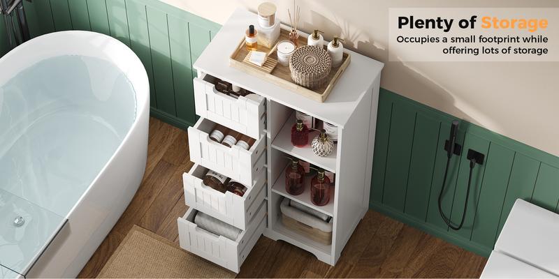 Wooden Bathroom Floor Cabinet, Side Storage Organizer with 4 Drawers, 1 Cupboard & 2-Shelves, White