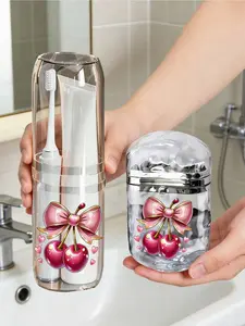 Transparent toothbrush case with cherry bow print, Toothbrush Holder with Cover. Portable and dual-use for toothbrush and soap storage. Ideal for travel, camping, business trips and school use.