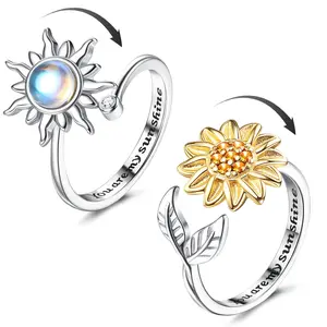 FASACCO 2Pcs Silver Anxiety Rings for Women Sunflower Fidget Ring You are My Sunshine Anxiety Ring Moonstone Anti Stress Ring Adjustable Open Spinner Rings for Anxiety Women Summervibes