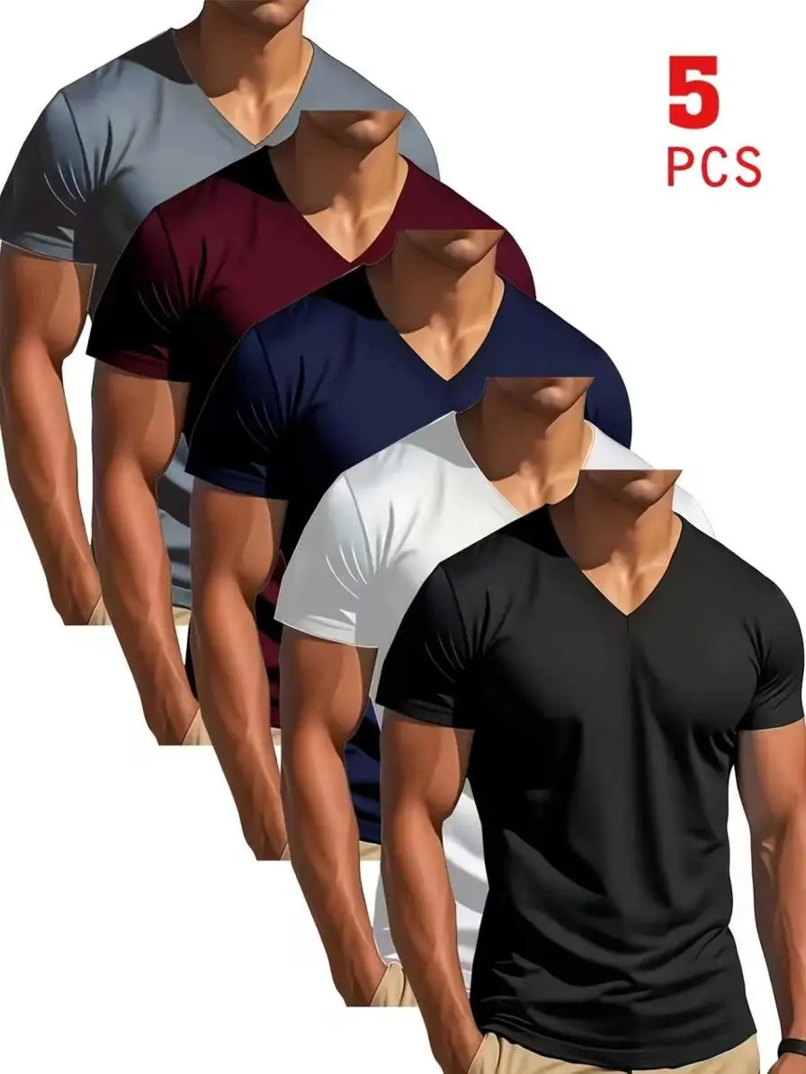 MTTYYD Men's 5-Pack Slim Fit V-Neck Short Sleeve T-Shirts - Lightweight, Breathable Polyester Athletic Tops, Machine Washable for Running, Camping, Summer Daily Casual Outfits
