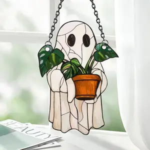 2PCS Cute Ghost Plant Suncatcher - Ghost and Monstera Acrylic Ornament, Perfect Halloween Hanging Decor, Ideal Gift for Plant Lovers and Moms