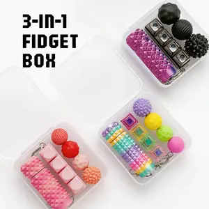 3-in-1 Fidget Box | Pain Stim Fidget Toy & Glowing Keyboard Clicker & Stress-Relieving Magnetic Balls, 3D Printed Spiky Grippie Stim Keychain, LED Light Keyboard, 3-in-one Finger Spinner Toys Sensory EDC Gift for Student Office Friends ADHD relief
