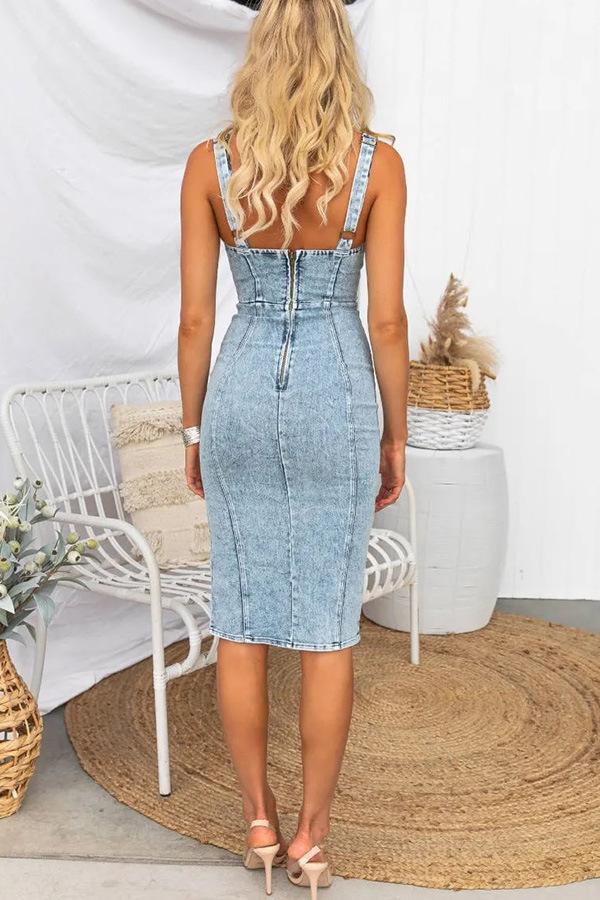Cross-border Amazon Independent Station U-neck Sling Distressed Casual Style Denim Dress