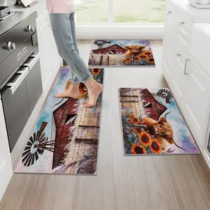 1/2/3PCS Highland Cow Sunflower Farmhouse Kitchen Rug Non Slip Washable Floor Mats, Durable Stain Resistant Kitchen Runner Rugs, Doormat 16"X24"+20"X32"+20"X47"