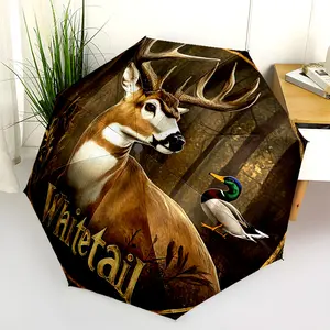 1 PC Automatic Folding Umbrella - Whitetail Deer and Duck Artwork Pattern, Portable & Foldable Design with 8 Ribs, Merry Christmas Pattern,Casual Outdoor Accessory Halloween and Christmas Birthday Gifts. G00188