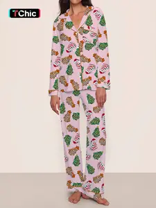 【Christmas Pajamas】Women's Christmas Pajama Set, Long Sleeve Casual Loungewear, Elastic Waist Pants, Elegant Cute Holiday Nightwear, Womenswear