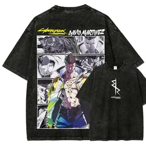 Menswear Cyberpunk Edgerunner Unisex Fitted Short-Sleeve Washed Distressed T-Shirt - Casual Sports Clothes, Festive Everyday Streetwear Top