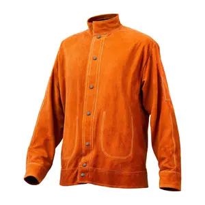 VEVOR Leather Welding Jacket, Heavy Duty Cowhide Flame Resistant Welding Coat, Waterproof Heat-Resistant Safety Jacket with 4 Pockets Adjustable Cuffs for Welders Steelworks - L Size