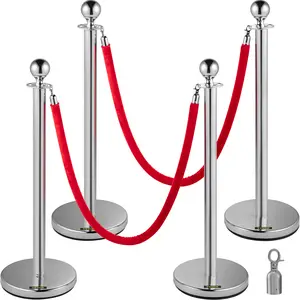 VEVOR 4PCS Stainless Steel Stanchion Posts Queue,  Red Velvet Ropes Silver Post, 5FT Rope Barriers Queue Line Crowd Control Barriers for Party Supplies
