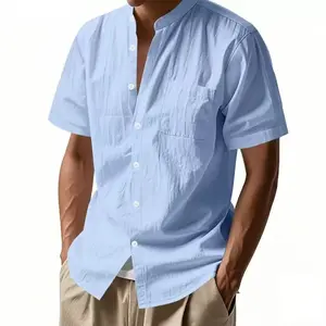 Men’s stand-collar short-sleeve shirt, solid color crinkle texture button-up top, loose fit casual shirt with pockets, suitable for work or vacation wear.