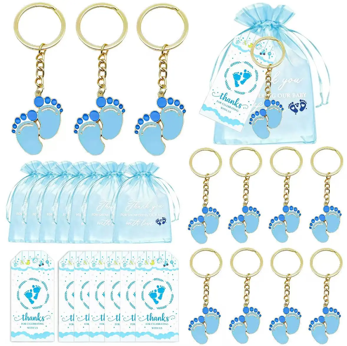 12-Piece Unisex Baby Footprint Keychain Kit - Matching Keychain Set, White Organza Bags, Thank You Cards, No Extra Parts Needed for Baby Shower, Birthday (Home & Festive Party Supplies, Party Bags & Gifts)