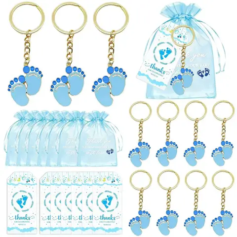 LitiVibecho Unisex Baby Footprint Keychain Kit (12-Set Complete Pack) - Matching Keyring, White Organza Bag Charm, Cards Included, No Extra Parts Needed for Baby Shower, Birthday, Gatherings (Home & Festive Party Supplies)