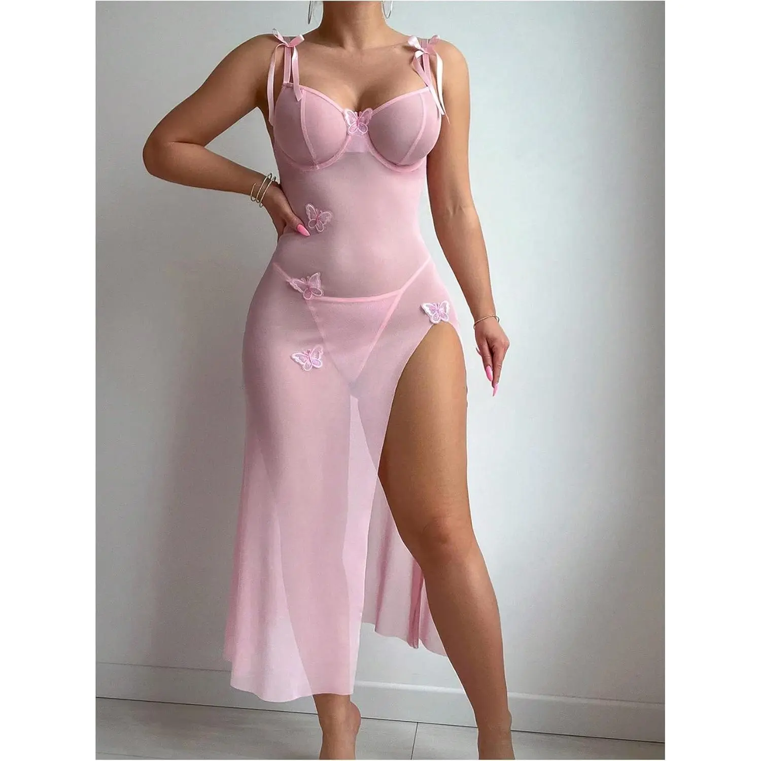 Women's 2 Piece Lingerie Set Bow Front Mesh Split Underwire Babydoll Lingerie Dress dealsforyoudays