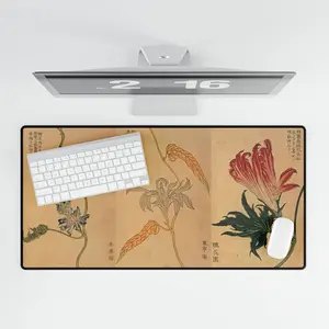 Oriental Botanical Desk Mat — Vintage Floral Calligraphy Mouse Pad