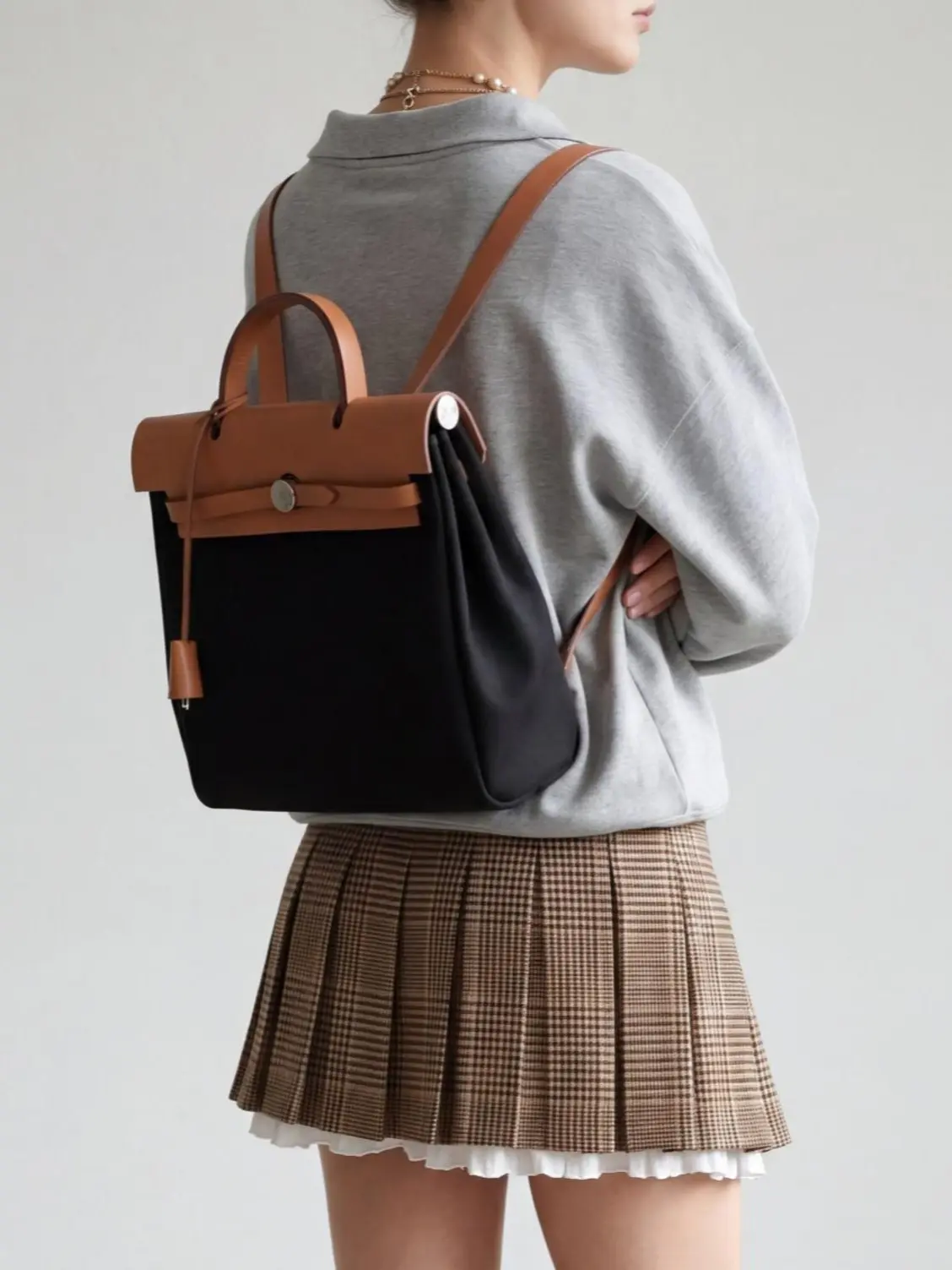 Pre-owned HERMÈS Cloth&Leather Backpacks Herbag 31Backpack Black and Brown with Extra Canvas Body