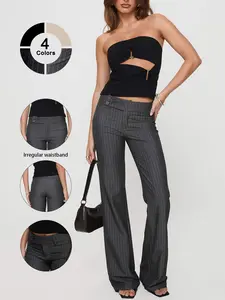 Women's Low Waist Casual Work Business Pants, Button Fly Closure, Elastic Waist, Colorblock Striped, All Seasons, Office Christmas Party