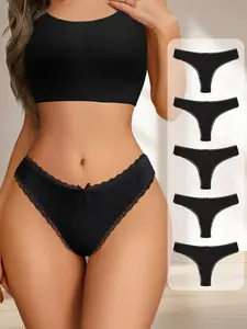 HOTCOM 5-Pack Women's Ribbed Cotton Thong | Lace Panelled & Bow Detail, Elegant & Sexy, Soft Breathable Cotton, Seamless Invisible, Perfect Gift for Your Partner, Must-Have for Daily/Date, S-2XL