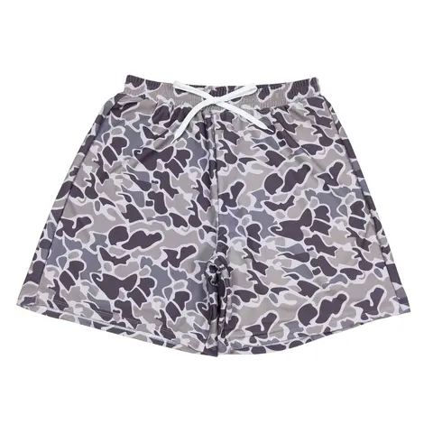 Men's Camo-Camouflage Swim Trunks, Grey-Brown Beach Pool Wear, Pocketless Adult Casual Swim Shorts Swimwear