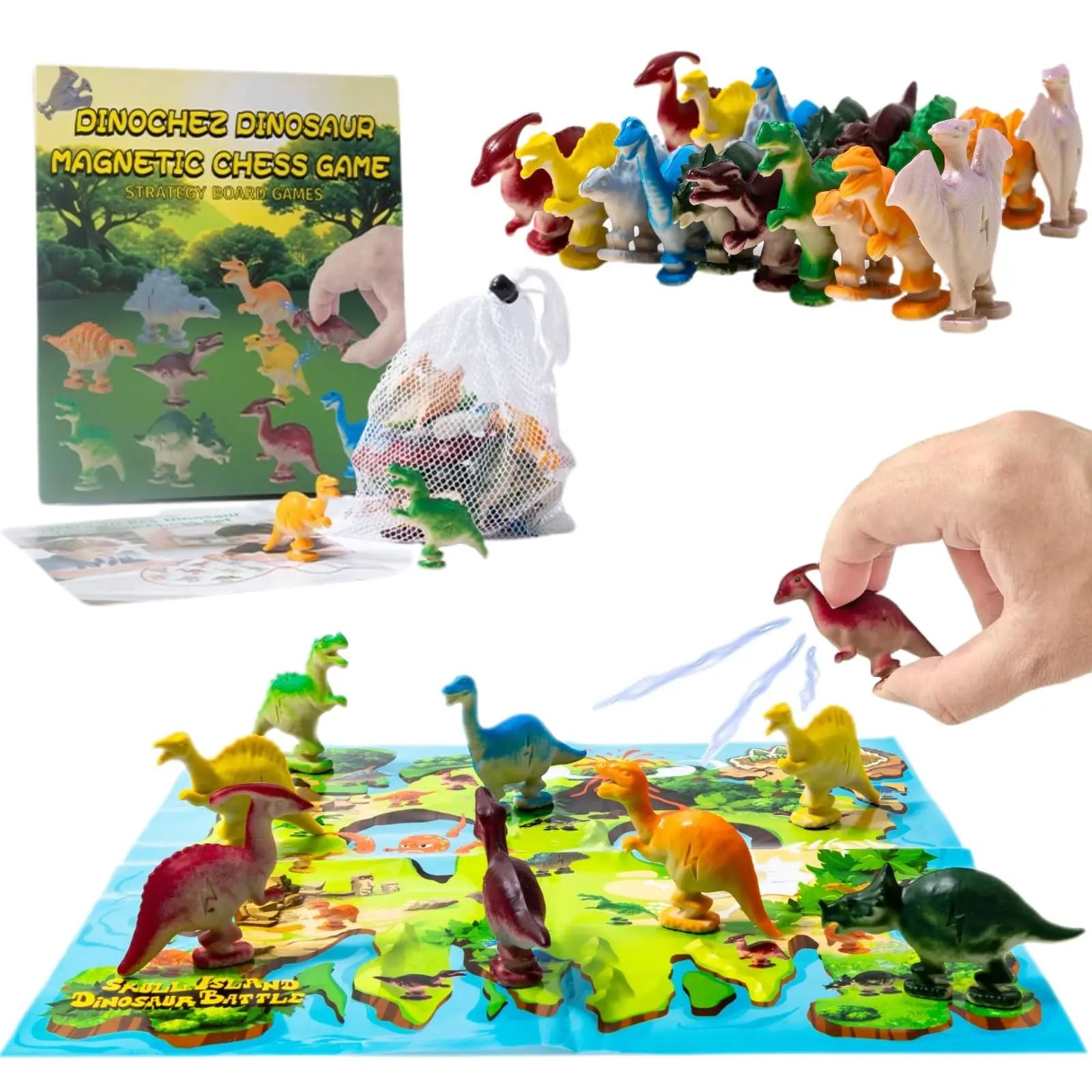 Magnet Game with 20Pcs Silicone Mini Dinosaur Figure Toy for Kids 3-5 | Upgraded Gameplay Magnetic Chess Game with Map & Storage Bag for 2-4 Players, Perfect Dinosaur Party Favors & Birthday Gifts