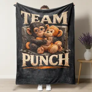 Adorable Team Punch Fleece Blanket - Cute Baby Chimpanzee Hugging Teddy Bear Throw - Soft Plush Warmth for Kids & Animal Lovers Nursery Decor Gift