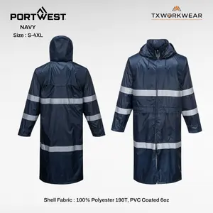 Portwest F438 Men's Multi-Size Waterproof Raincoat - Lightweight, Rainproof, Full Body Cover Waterproof Clothes with Reflective Hood, Pockets, Long Design, All Seasons Navy Rain Coat