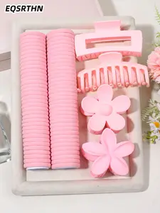 75pcs pink hair ring hair clip set, sweet pink hair accessories set, flower hair clip square, keel hair clip small hair ring, women's daily hair binding hair/commuter styling/dating wear headdress combination