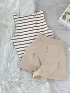 Women's Fashion Korean Style Soft Striped Round Neck Sleeveless Vest Tank Top Set, High Waist Short Pants, Casual Everyday Summer