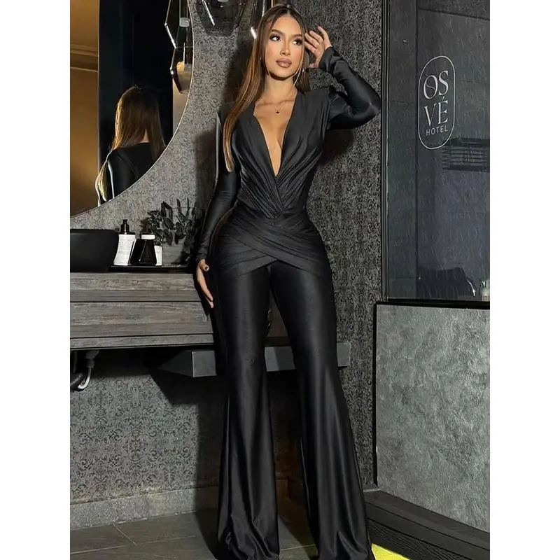 Women's Sexy Streetwear Jumpsuit, Long Sleeve Deep V-Neck with Cross Ruched Detail, Slim Fit High Stretch Spandex Flare Pants