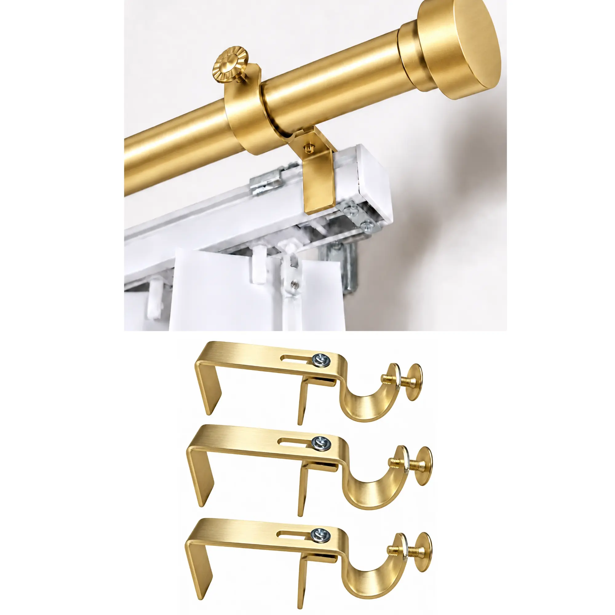 NoNo Bracket - No Drill Curtain Rod Bracket Attachment over Blinds (Gold Set of 3)