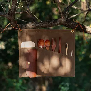 Oil Wax Canvas Outdoor Cutlery Storage Bag, Durable Waterproof Retro Style, Large Capacity Compartments, Ideal for Camping and BBQ