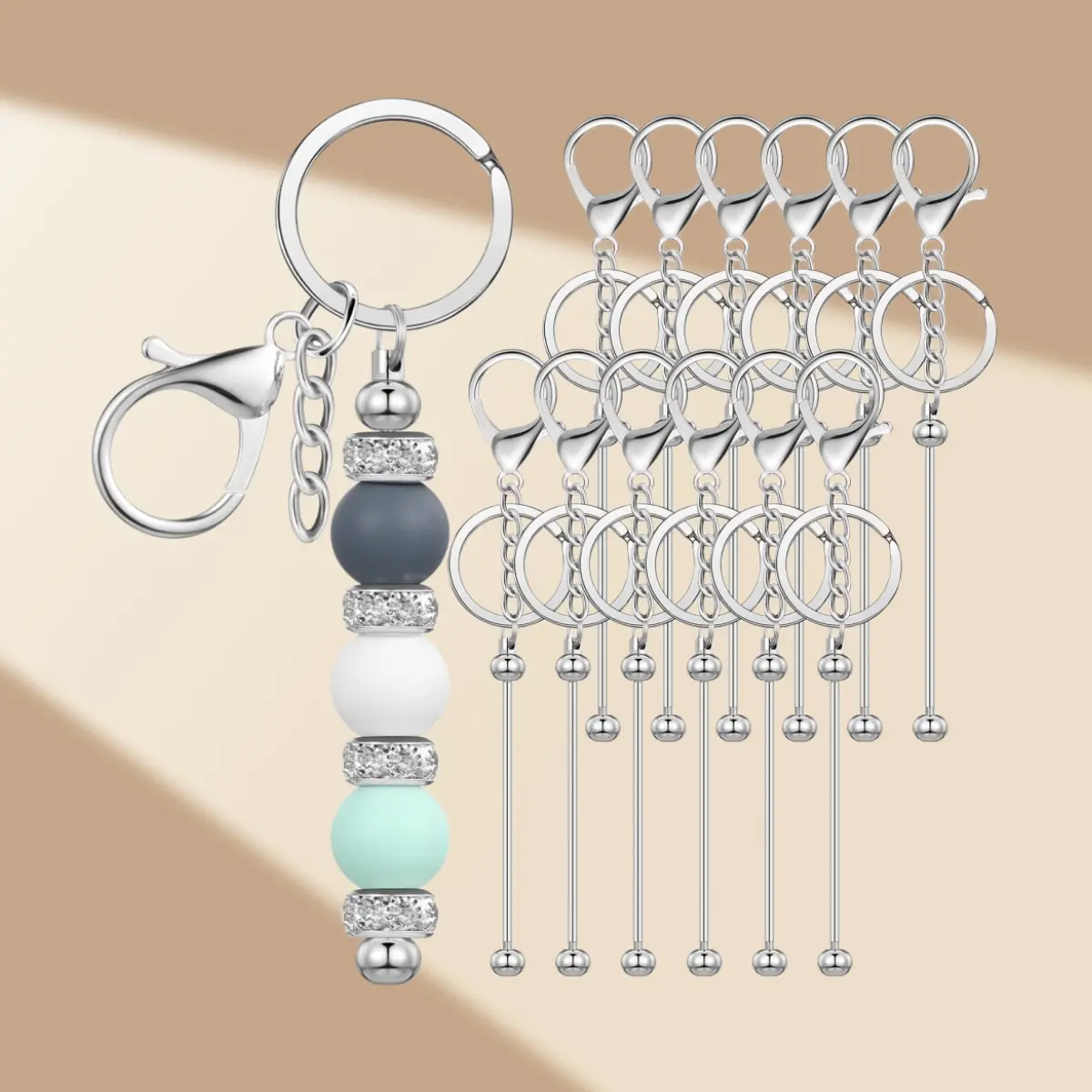 12 Pcs Blank Beaded Metal Keychain Set, Bulk Key Rings for Crafts, DIY Gifts & Keychain Decor