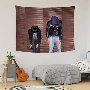 1pc Crystal Castle Band Tapestry - Polyester Peach Light Beige Fabric Horizontal Wall Hanging Art with Two Figures & Vertical Blinds Design, Aesthetic Home Decor for Bedroom, Living Room, Dorm, Music Party Backdrop, Ideal Gift for Music Enthusiasts, Music