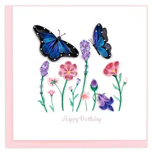 Quilled Birthday Flowers & blue Butterflies Card