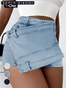 women's plain denim shorts, lady asymmetrical hem button pocket jeans skort, minimalist casual high waist jeans shorts for summer, shorts for women, summer clothes bottoms, womenswear, high stretchability, basic high waisted shorts
