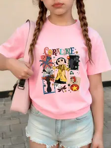 Girls' Outdoor Casual Round Neck Short Sleeve Top, Coraline Theme Cartoon Print Tee, Comfortable Fitted Regular Fit, All Seasons