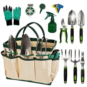 12-Piece Heavy-Duty Stainless Steel Garden Tool Set with Ergonomic Handles, Canvas Tote Bag & Gloves for Planting, Pruning, Weeding, Garden Gift Supplies