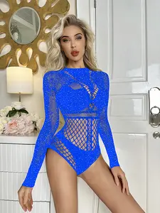 2026 New Arrival: Surprise Gift - Rhinestone-Embellished One-Piece Pajamas Bodysuit Fabric Fit Mesh Womenswear Fishnet Lingerie Long Sleeves Long Sleeves Stretchy Tops Woven  Crewneck