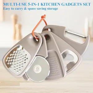 Kitchen Gadgets Set 5 Pieces, Space Saving Cooking Tools Kitchen Accessories-Garlic/Ginger Grinder, Cheese Grater, Vegetable/Fruit Peeler, Pizza Cutter, Bottle Opener, Gadgets Gift Set