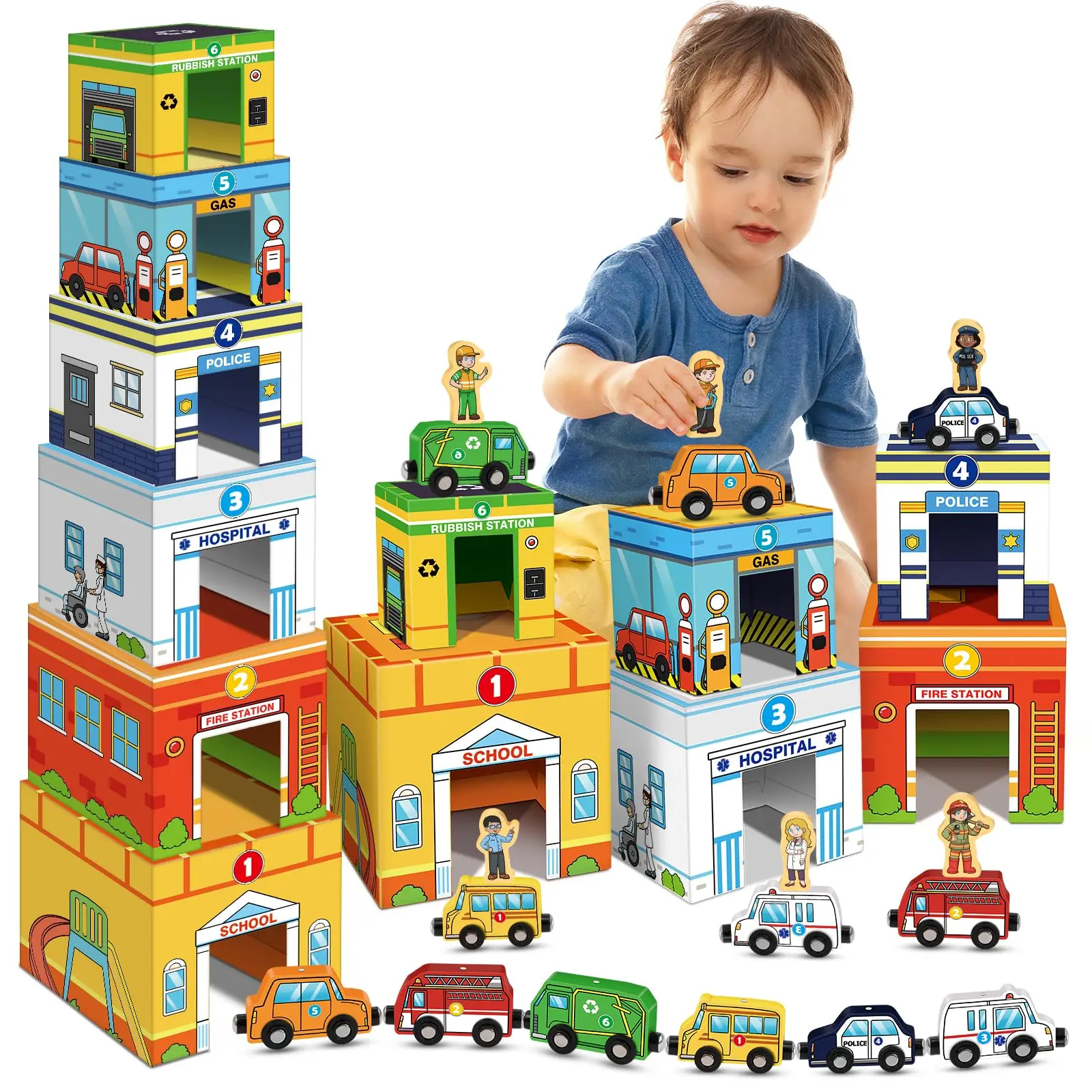 Aizweb Magnetic Wooden Vehicle Stacking Set - Sorting & Building STEM Toys with Cardboard Playmats, Montessori Early Learning Activity for Fine Motor