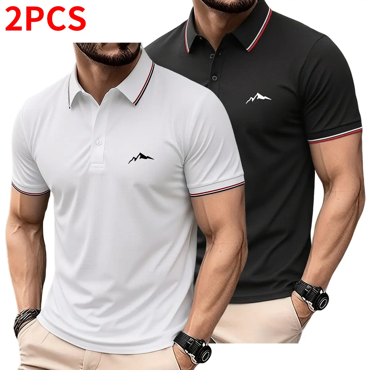 Set of 2 men’s polo shirts for everyday wear, outdoor sports, vacations, and summer golf—soft, breathable short sleeves.