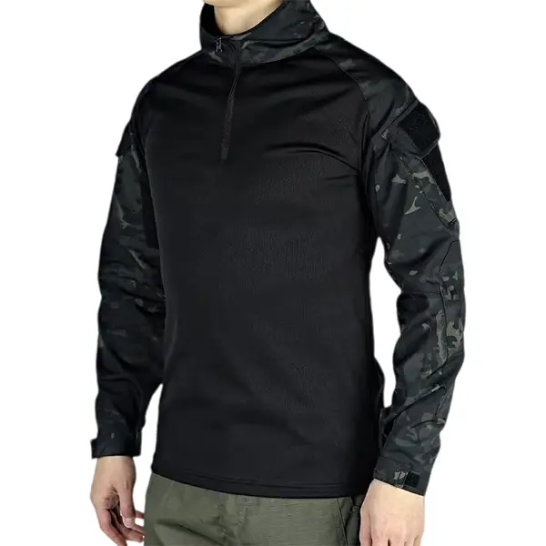 Camouflage half-zip top front view showing panelled colour-block design